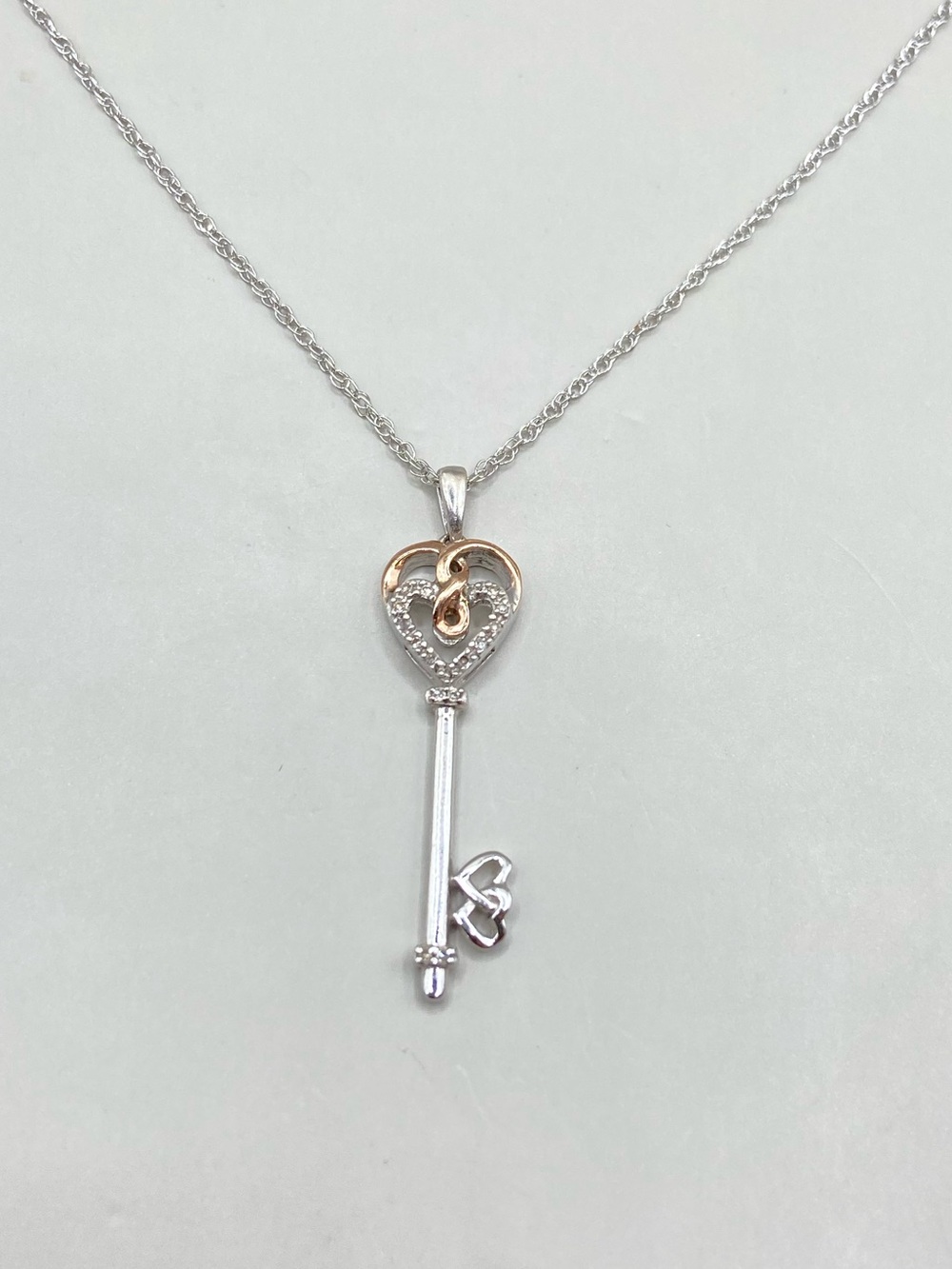 Kay Jewelers Sterling Silver 10K Rose Gold Diamond Heart Key Pendant Necklace